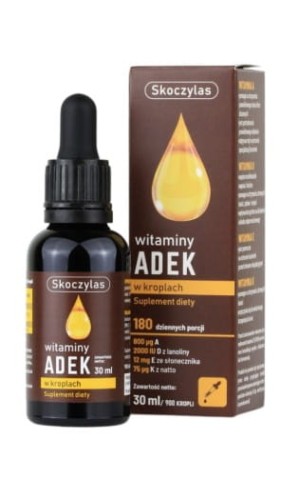 Witaminy ADEK w kroplach 30ml/900kropli Skoczylas zdrowe kości, zęby, mięśnie, właściwe krzepnięcie krwi, prawidłowe widzenie