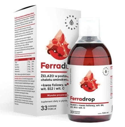 Ferradrop 500ml Aura Herbals żelazo + kwas foliowy prawidłowa produkcja czerwonych krwinek i hemoglobiny