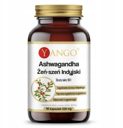 Ashwagandha Żeń-szeń Indyjski ekstrakt 10:1 YANGO 90 kapsułek łagodzenie stresu i niepokoju, poprawa wydolności organizmu, odporność i regeneracja
