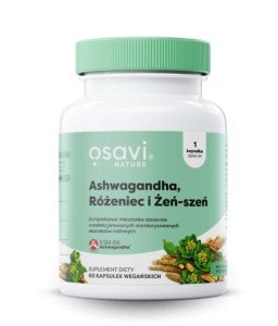 Ashwagandha, Różaniec, Żeń-szeń 100mg 60 kapsułek Osavi na lepsze samopoczucie i równowagę emocjonalną, zwiększenie energii i witalności oraz lepszą koncentrację i pamięć