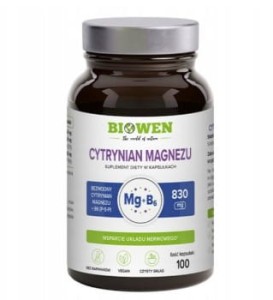 Cytrynian magnezu 830mg + B6 (P-5-P) BIOWEN 100 kapsułek Wsparcie funkcjo psychicznych, zmniejszenie zmęczenia i znużenia, utrzymanie równowagi elektrolitowej