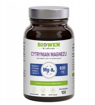 Cytrynian magnezu 830mg + B6 (P-5-P) BIOWEN 100 kapsułek Wsparcie funkcjo psychicznych, zmniejszenie zmęczenia i znużenia, utrzymanie równowagi elektrolitowej