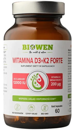 Witamina D3 (12000 IU) + K2 MK-7 (200 mcg) FORTE 60 kaps. Biowen 12 000IU WITAMINA D3 i K2 DUŻA DAWKA