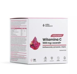Naturalna Witamina C 1000mg z aceroli + bioflawonoidy cytrusowe, rutyna 30 saszetek smak wiśniowy Aura Herbals odporność, układ nerwowy