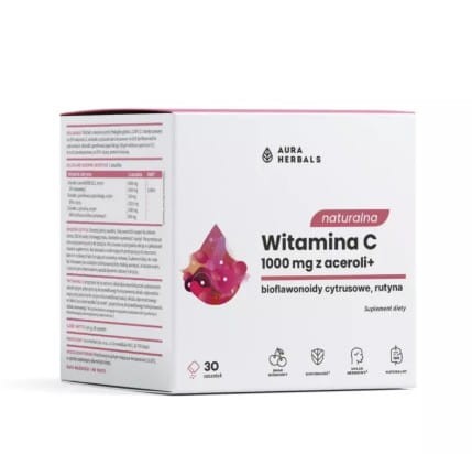 Naturalna Witamina C 1000mg z aceroli + bioflawonoidy cytrusowe, rutyna 30 saszetek smak wiśniowy Aura Herbals odporność, układ nerwowy
