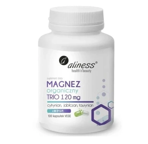 Magnez organiczny TRIO 120mg cytrynian, jabłczan, taurynian 100 kapsułek Aliness prawidłowe funkcjonowaniu układu nerwowego, utrzymanie prawidłowego metabolizmu energetycznego