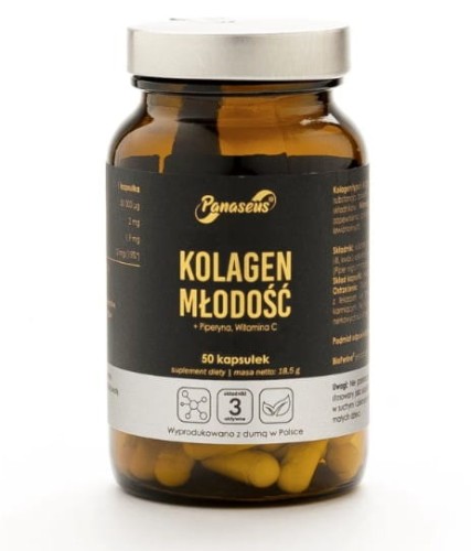 Kolagen młodość piperyna + witamina C 50 kapsułek Panaseus skóra, chrząstki, kości, naczynia krwionośne