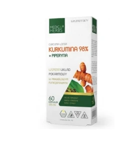 Kurkuma 98% + piperyna 60 kapsułek Medica Herbs Curcuma longa Układ nerwowy, serce i krążenie, odporność, wsparcie układu pokarmowego