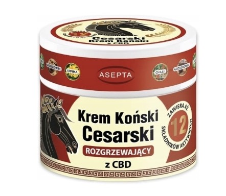 Cesarski Krem Koński rozgrzewający z CBD 150ml ASEPTA 12 składników aktywnych m.in. imbir, żywokost, chilli, kadzidłowiec