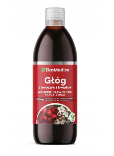 Głóg 1500mg  sok z owoców i kwiatów 500ml EkaMedica wsparcie prawidłowej pracy serca Bez dodatku cukru, bez konserwantów
