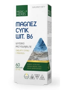 Magnez, cynk, witamina B6 wysoko przyswajalne 60 kapsułek Medica Herbs energia i witalność, zdrowe mięsnie i kości, układ odpornościowy