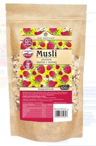Musli malina z morwą bezglutenowe 500 g bezglutenu malina morwa Pięć Przemian